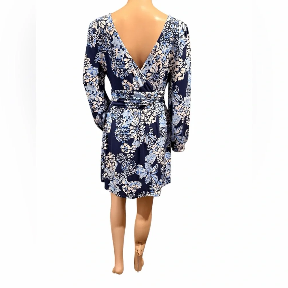 Lilly Pulitzer Riza Long Sleeve Dress Romper Low Tide Navy Bouquet All Day Sz M - Picture 3 of 12
